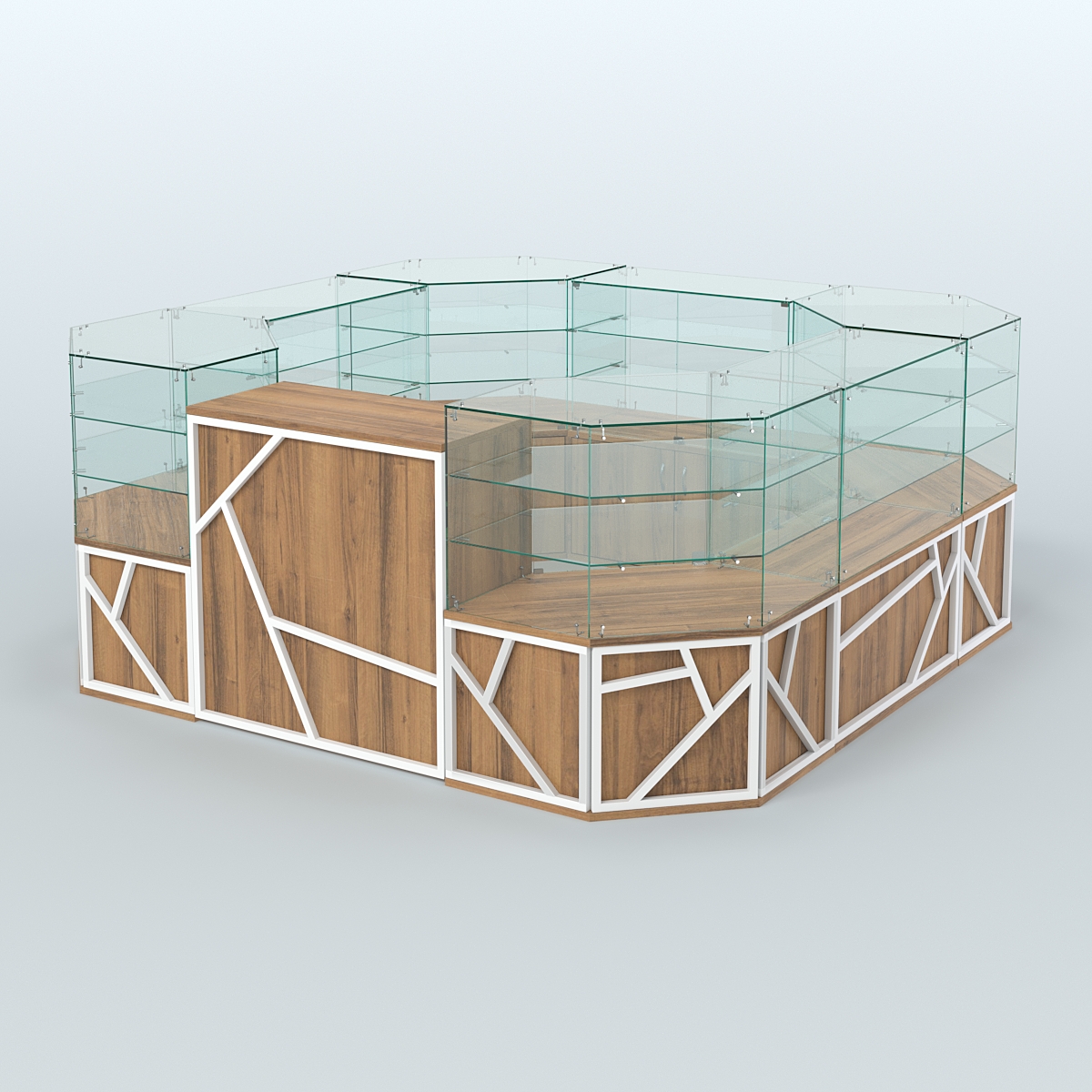 Торговый стеклянный островок серии ЛОФТ - АЛЬФА (СОНОМА + ЧЁРНЫЙ) №2 Орех + Белый
