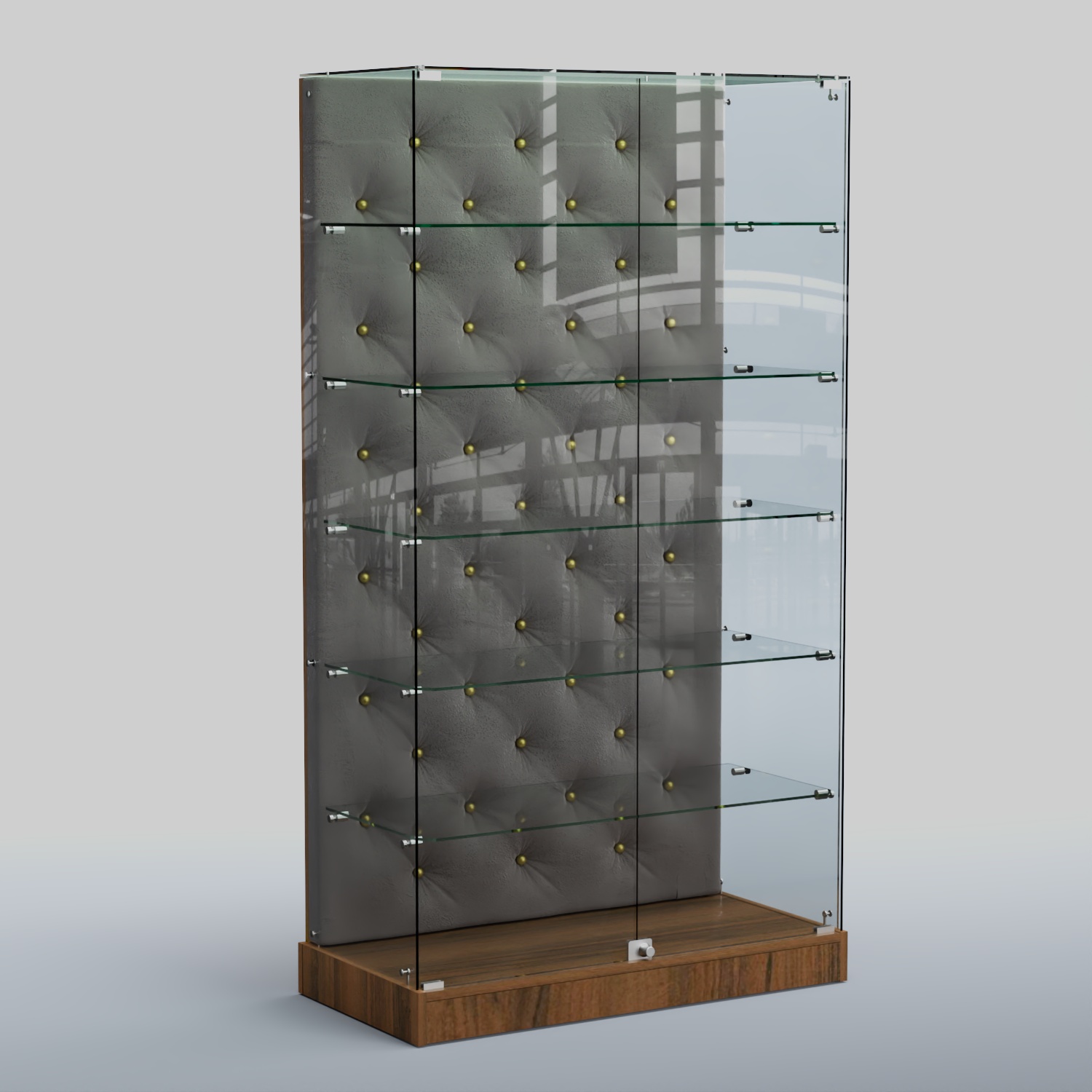 Низкая стеклянная витрина с КРЕМОВЫМ БАРХАТОМ ХП-505 (карета золото) Орех + Велюр 15 Silver