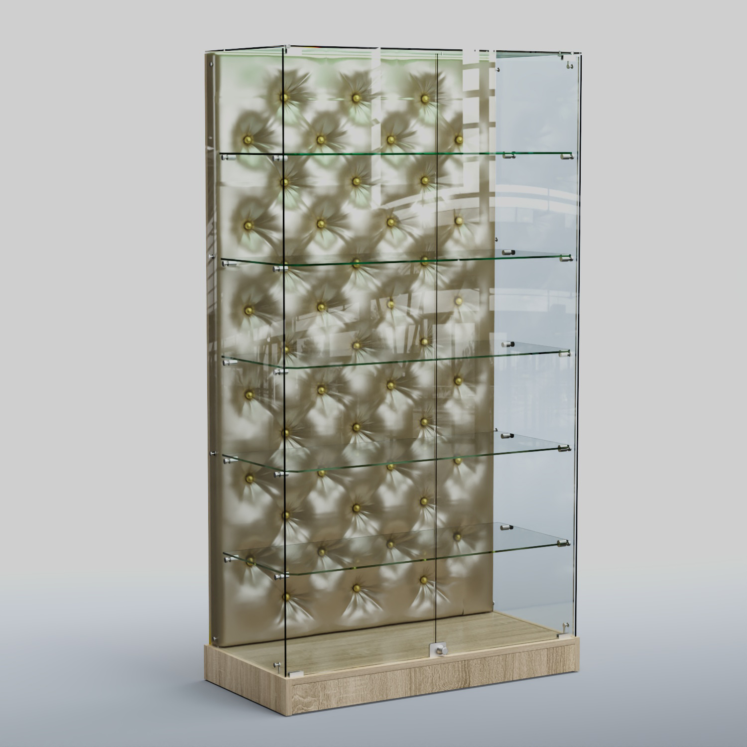 Низкая стеклянная витрина с КРЕМОВЫМ БАРХАТОМ ХП-505 (карета золото) Дуб сонома + Экокожа золотистая