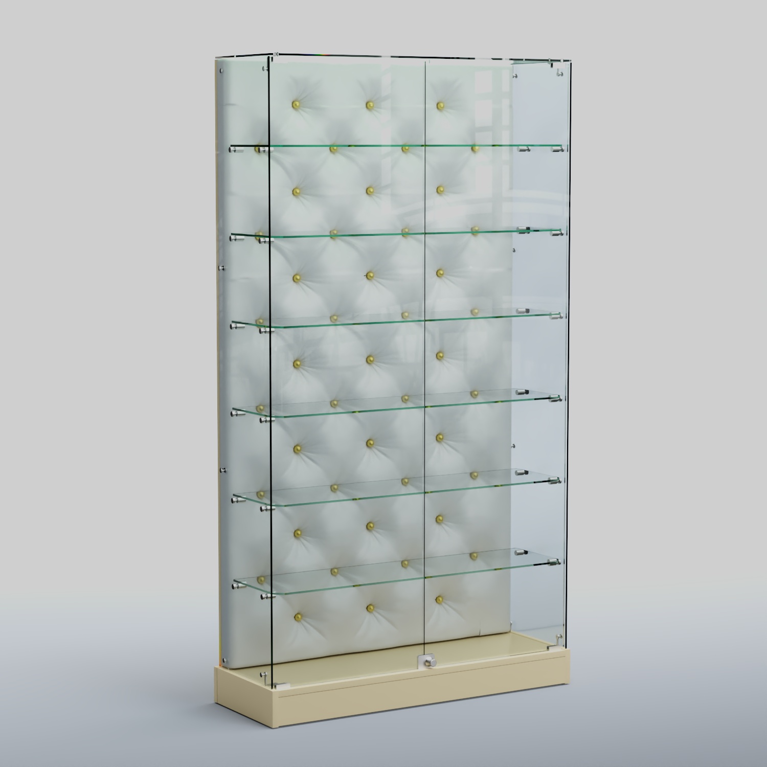 Низкая стеклянная витрина КАПИТОНЕ №9-ХП Крем вайс + Экокожа белая