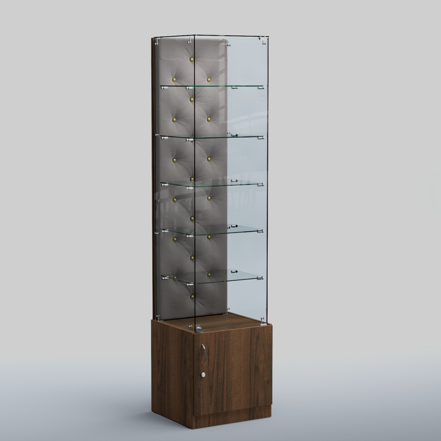 Высокая стеклянная витрина КАПИТОНЕ №506 Орех + Велюр 15 Silver