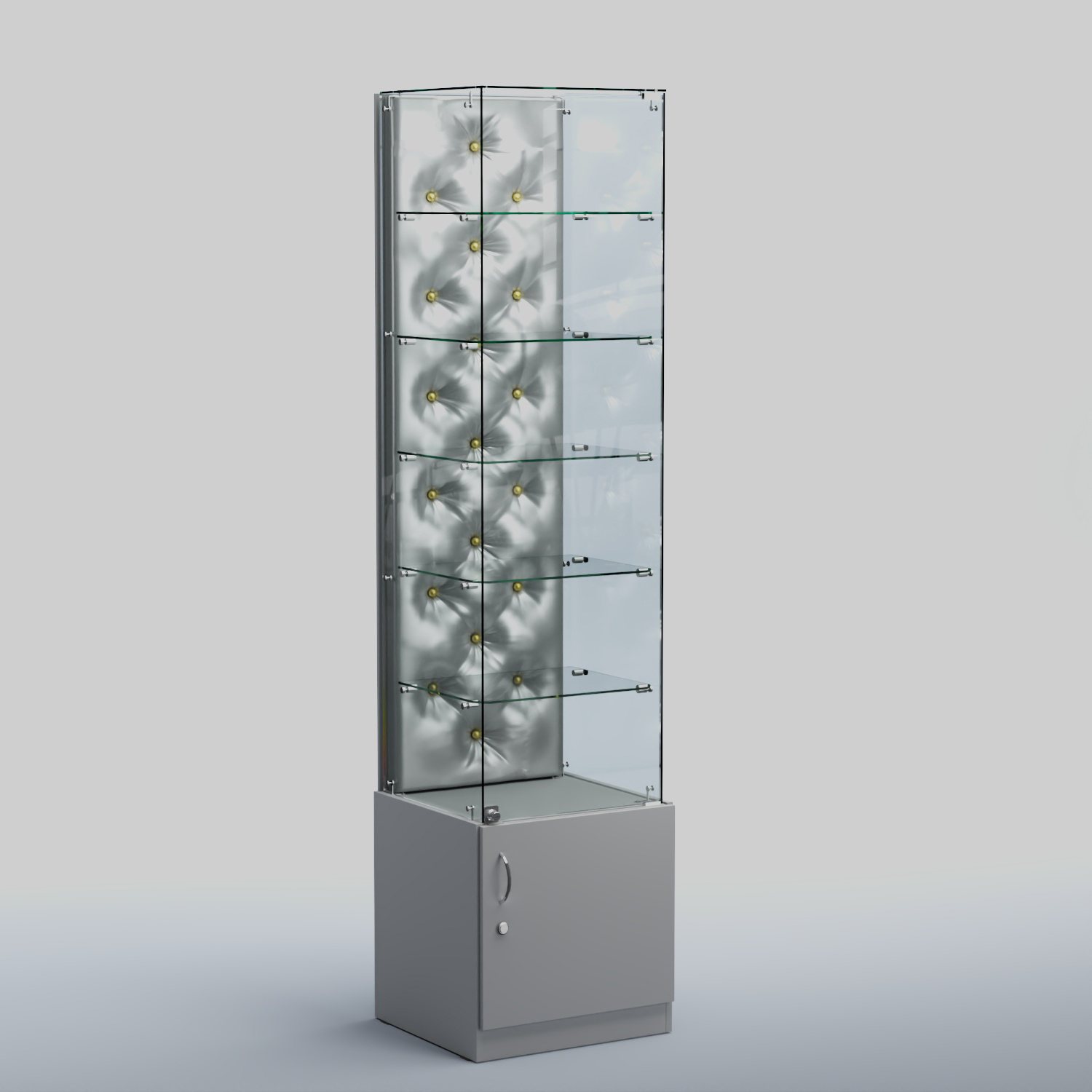 Высокая стеклянная витрина КАПИТОНЕ №506 Серый + Экокожа серебристая