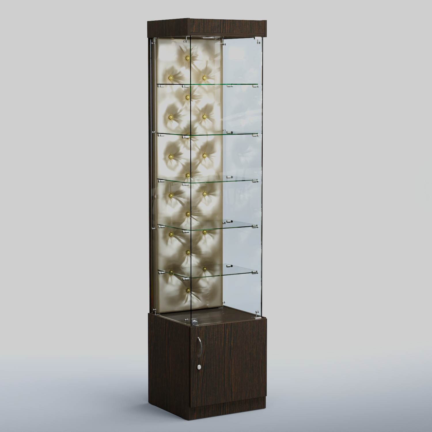 Высокая стеклянная витрина КАПИТОНЕ №502 Дуб Венге + Экокожа золотистая