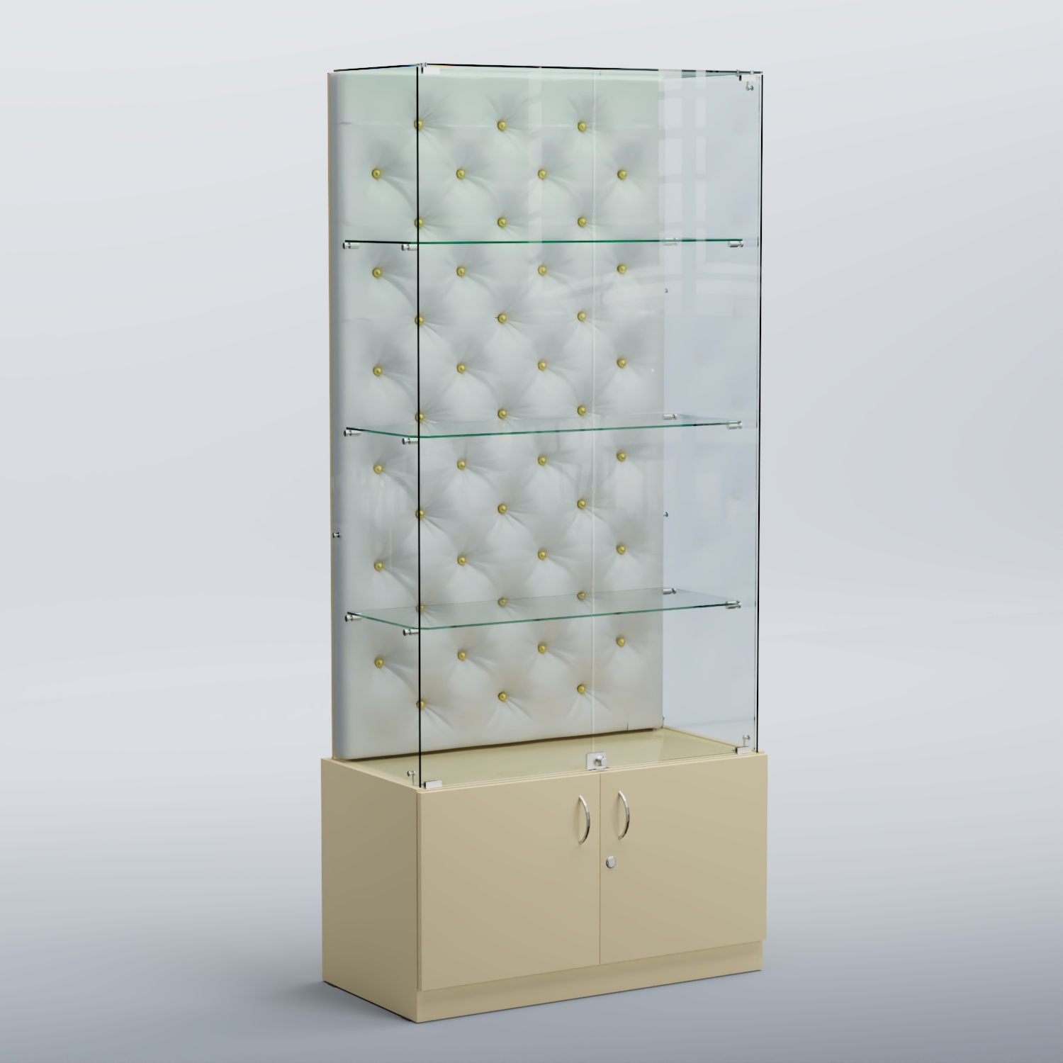 Высокая стеклянная витрина КАПИТОНЕ №5 Крем вайс + Экокожа белая