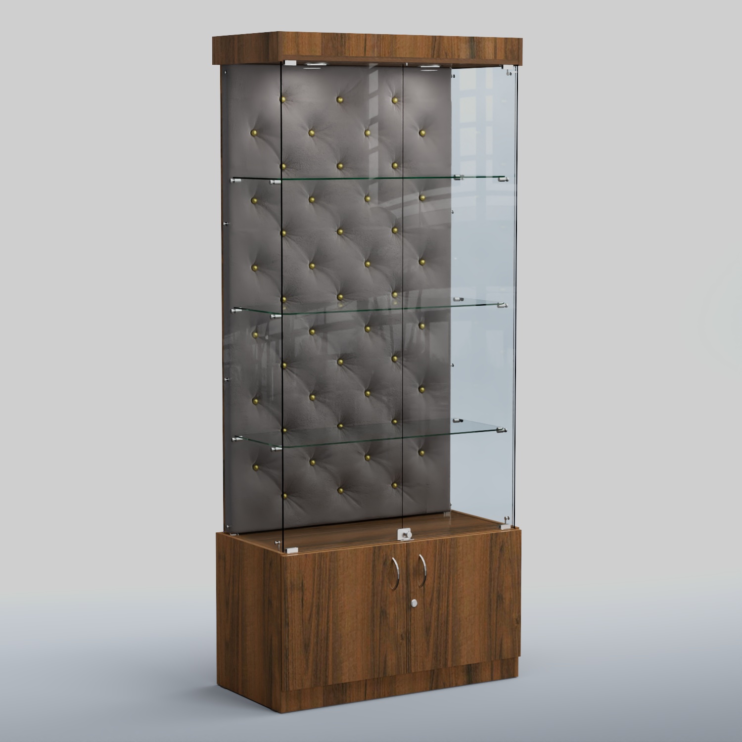 Высокая стеклянная витрина КАПИТОНЕ №1 Орех + Велюр 15 Silver