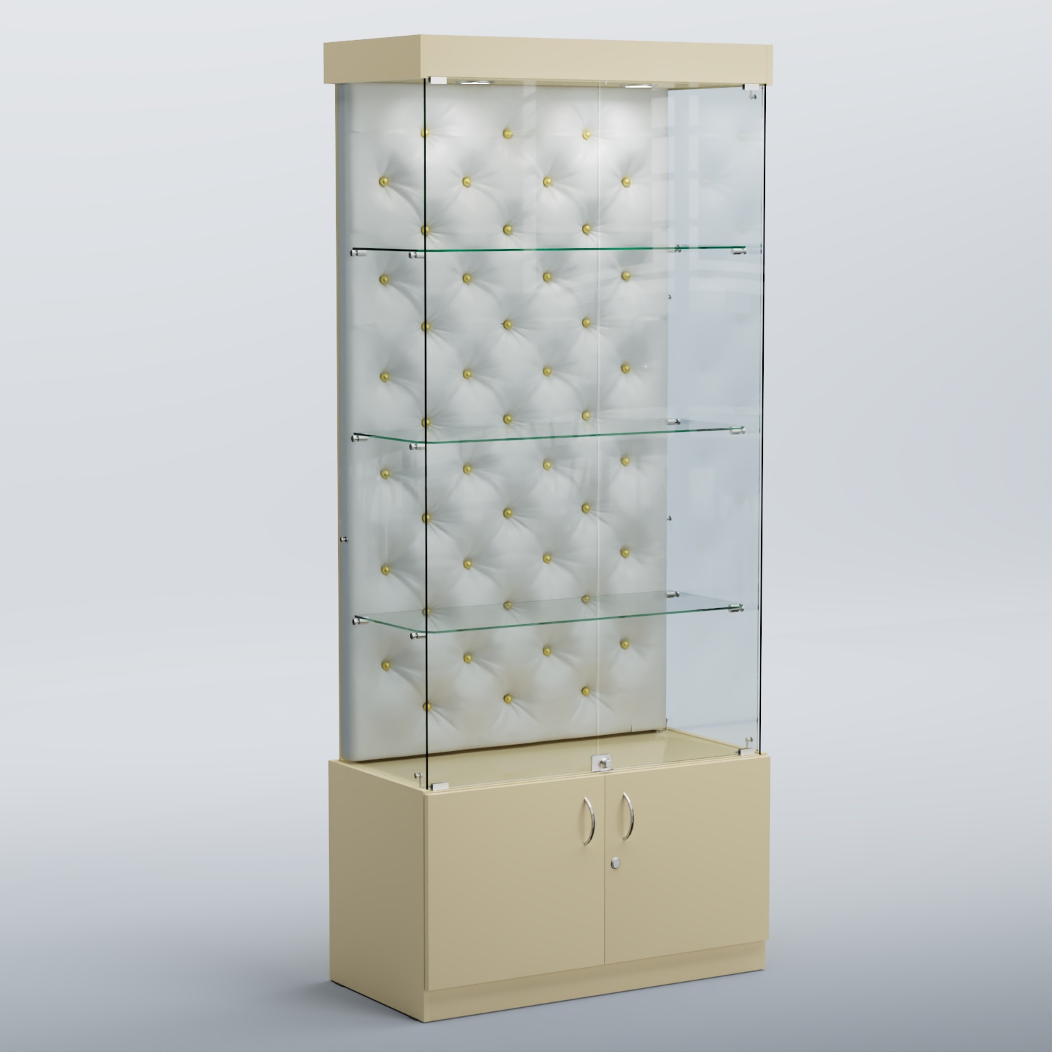 Высокая стеклянная витрина КАПИТОНЕ №1 Крем вайс + Экокожа белая