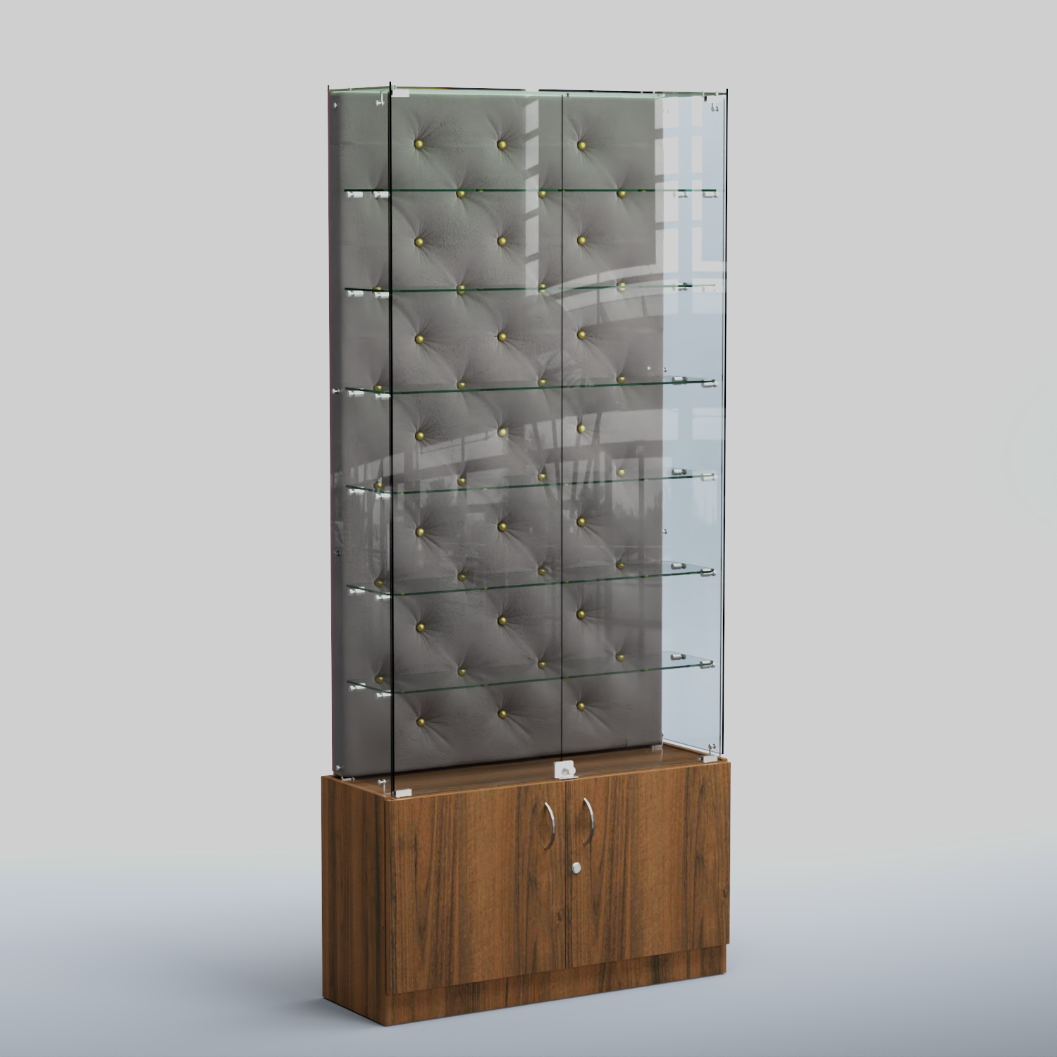 Высокая стеклянная витрина КАПИТОНЕ №33 Орех + Велюр 15 Silver