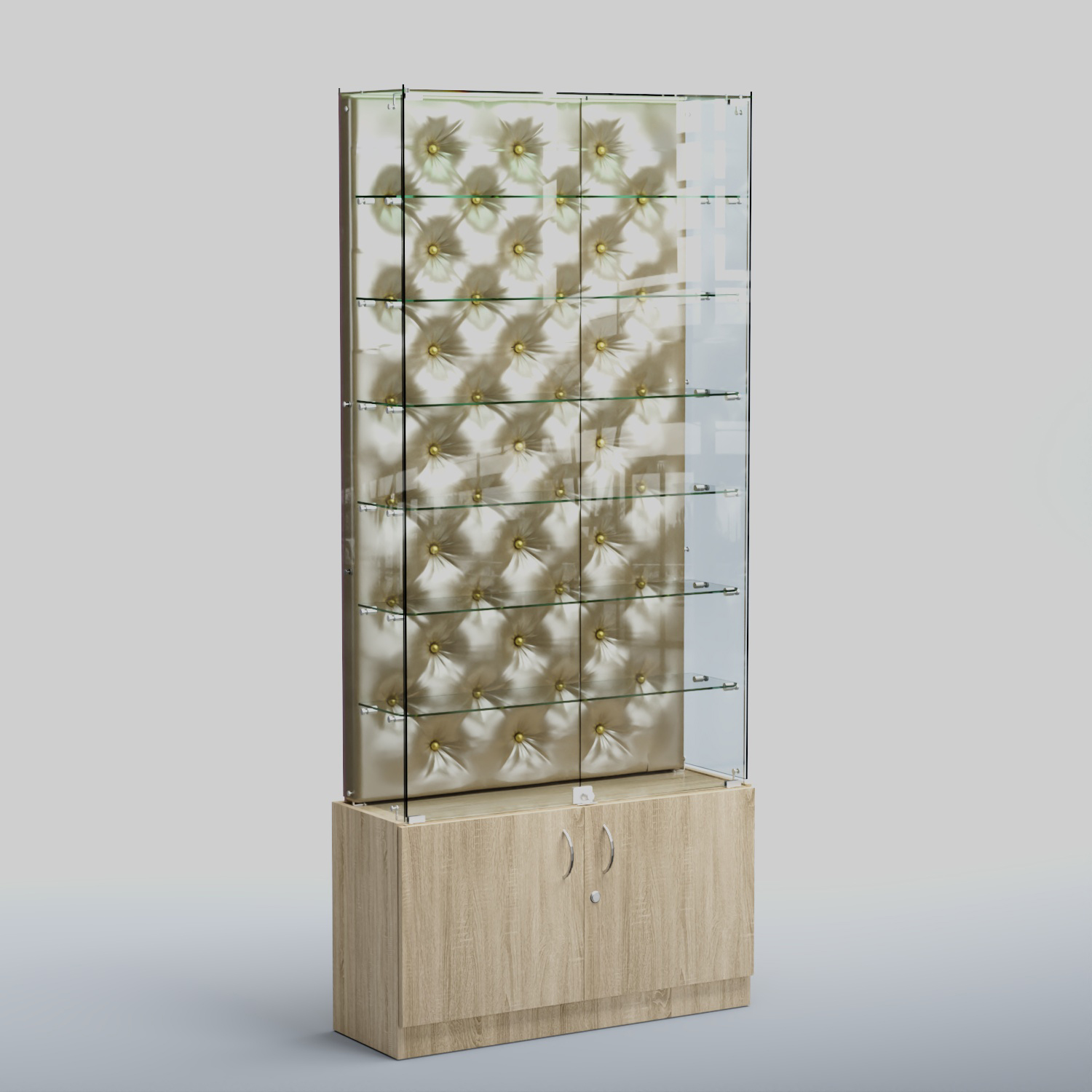 Высокая стеклянная витрина КАПИТОНЕ №33 Дуб сонома + Экокожа золотистая