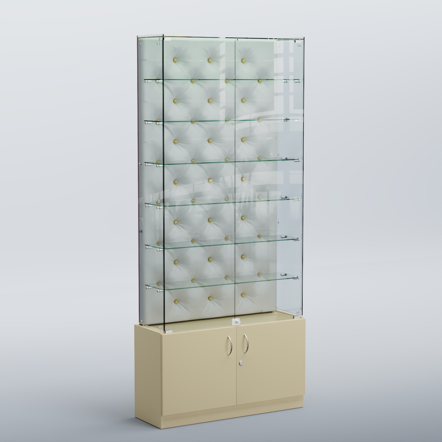 Высокая стеклянная витрина КАПИТОНЕ №33 Крем вайс + Экокожа белая