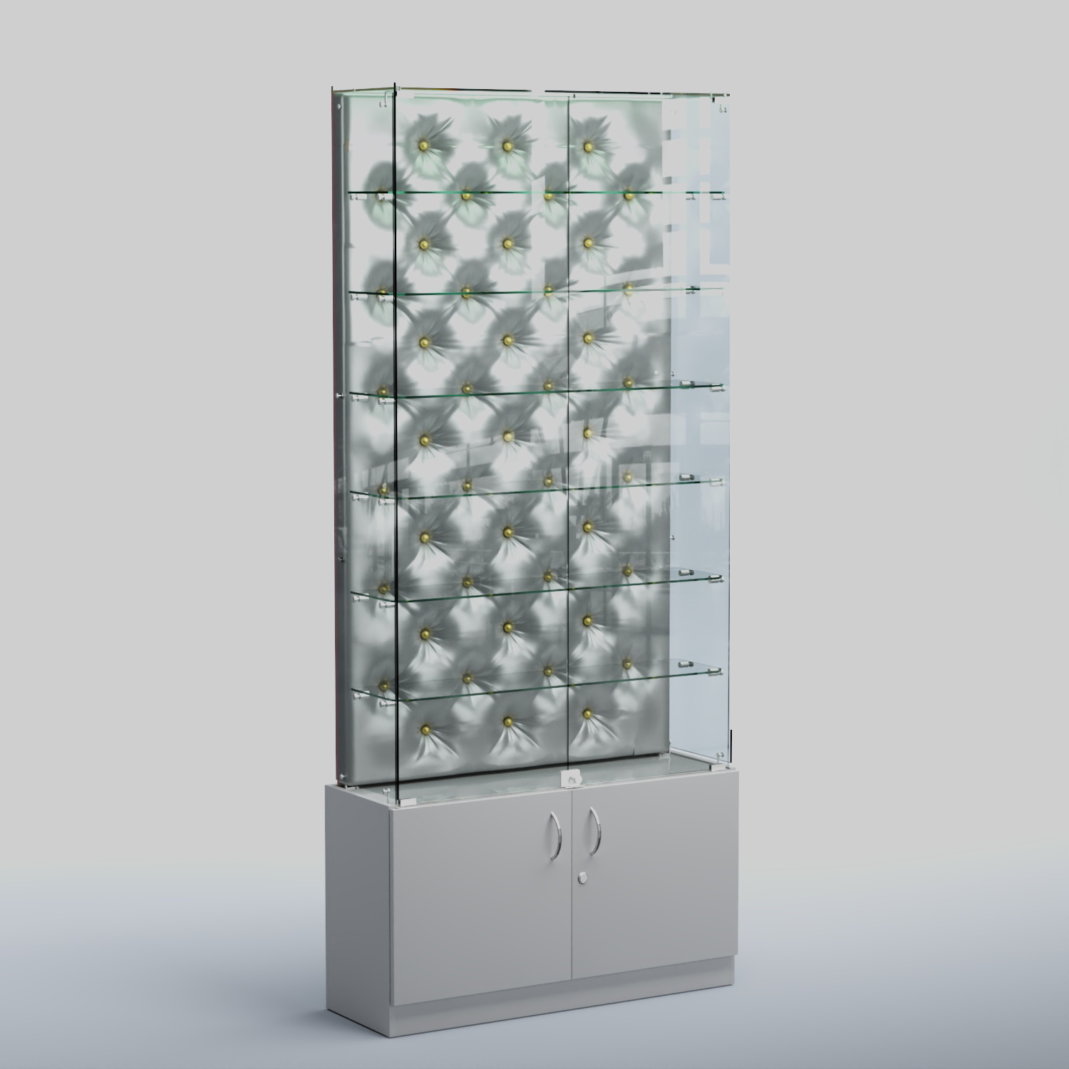 Высокая стеклянная витрина КАПИТОНЕ №33 Серый + Экокожа серебристая