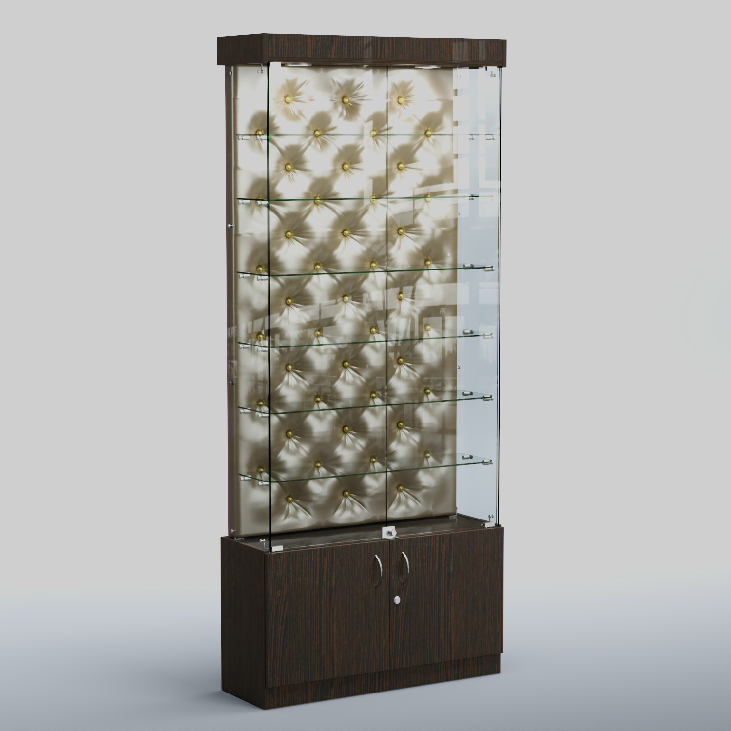 Высокая стеклянная витрина КАПИТОНЕ №31 Дуб Венге + Экокожа золотистая