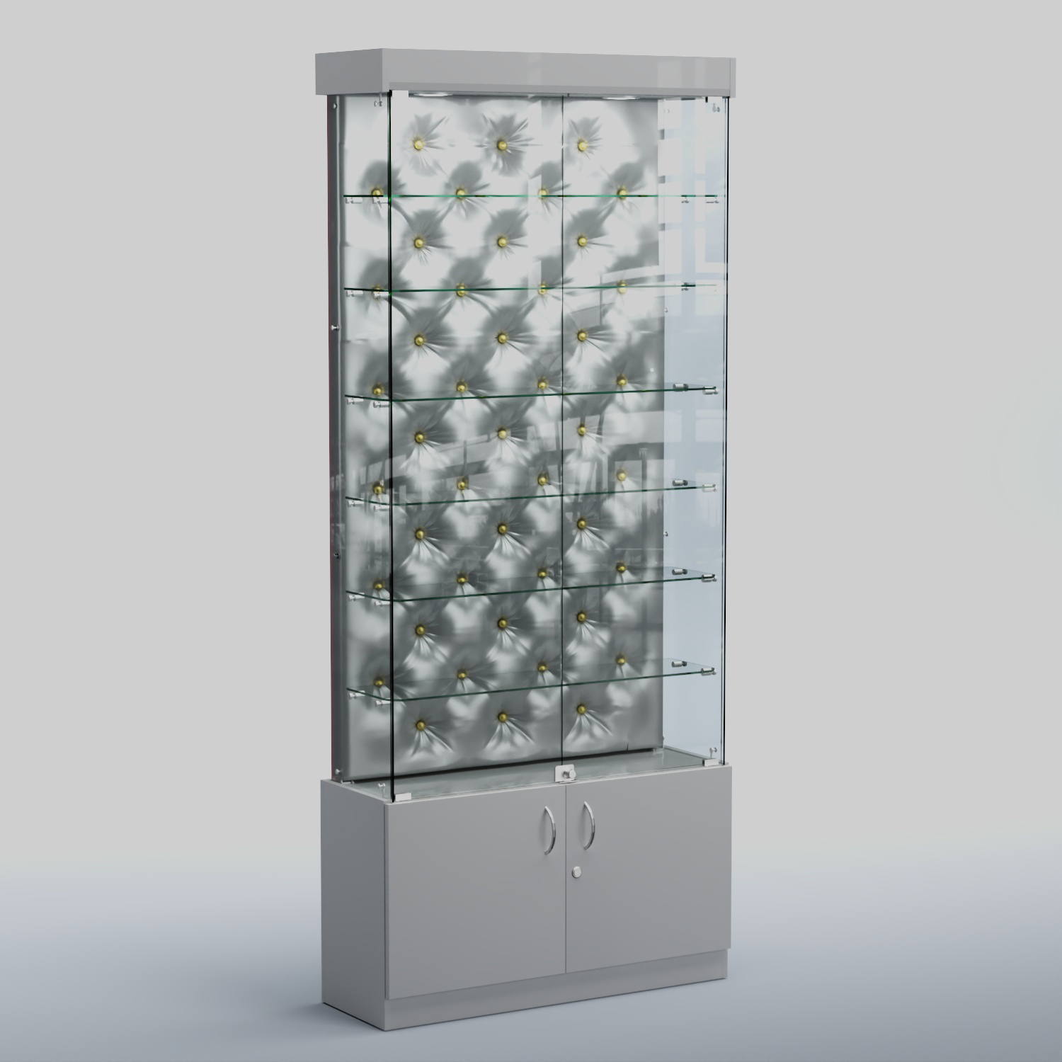 Высокая стеклянная витрина КАПИТОНЕ №31 Серый + Экокожа серебристая