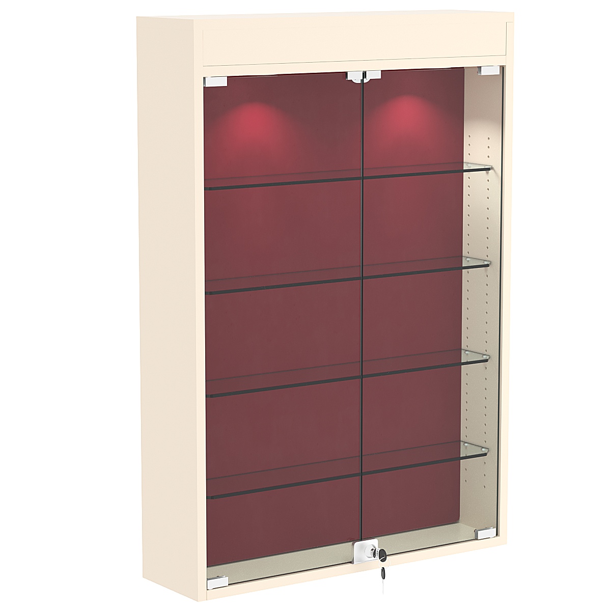 Настенная витрина с бархатом серии БАРОН №2-3А (четыре полки) Крем Вайс + 07 Red