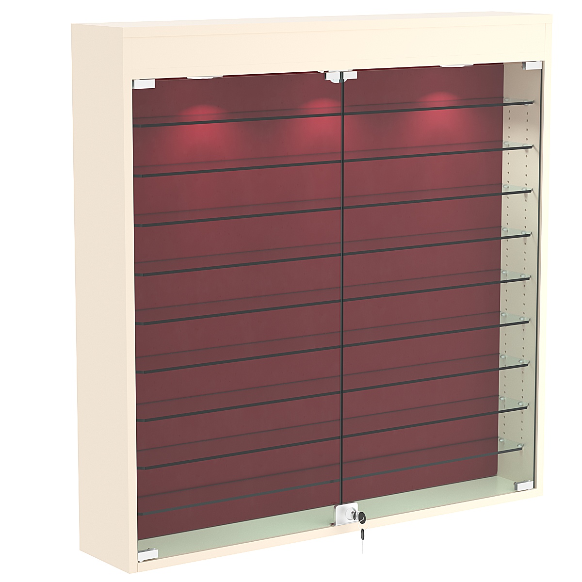 Настенная витрина с бархатом серии БАРОН №4-4А (девять полок) Крем Вайс + 07 Red