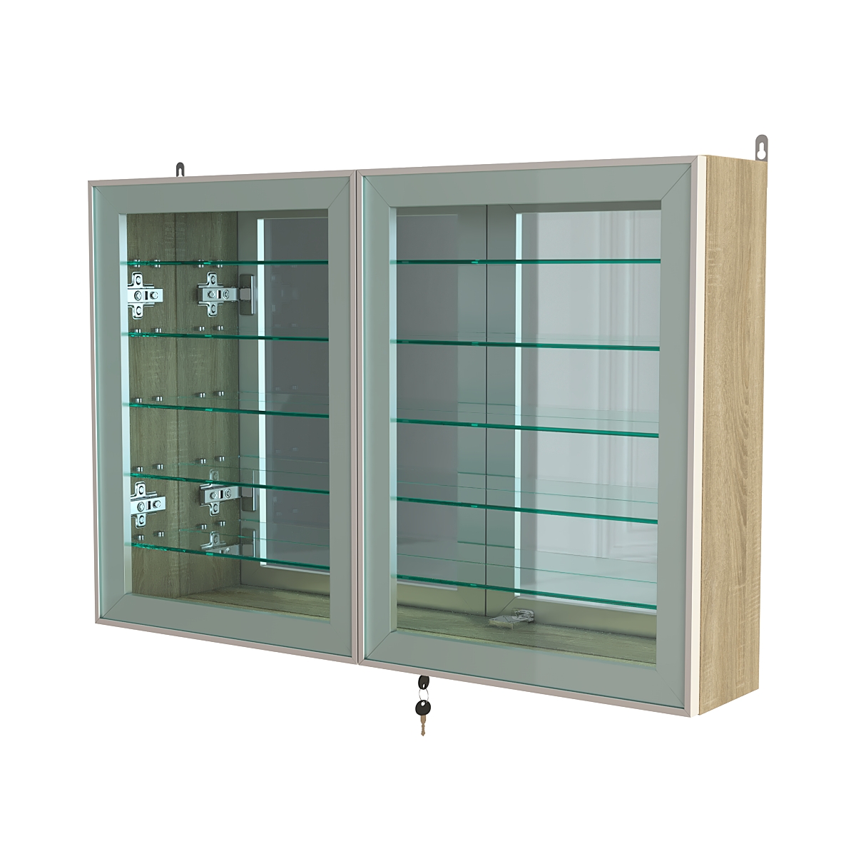 Витрина настенная №3-6А широкая зеркальная с пятью стеклянными полками серии Collecto Дуб Сонома