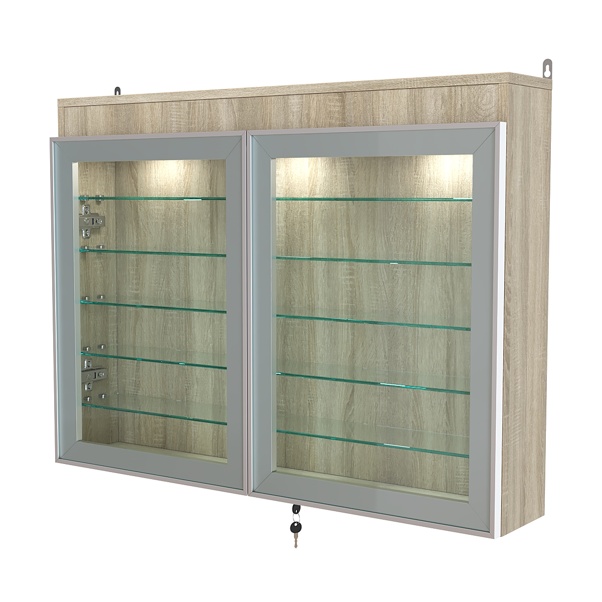 Витрина настенная №3-7А широкая с фризом и пятью стеклянными полками серии Collecto Дуб Сонома