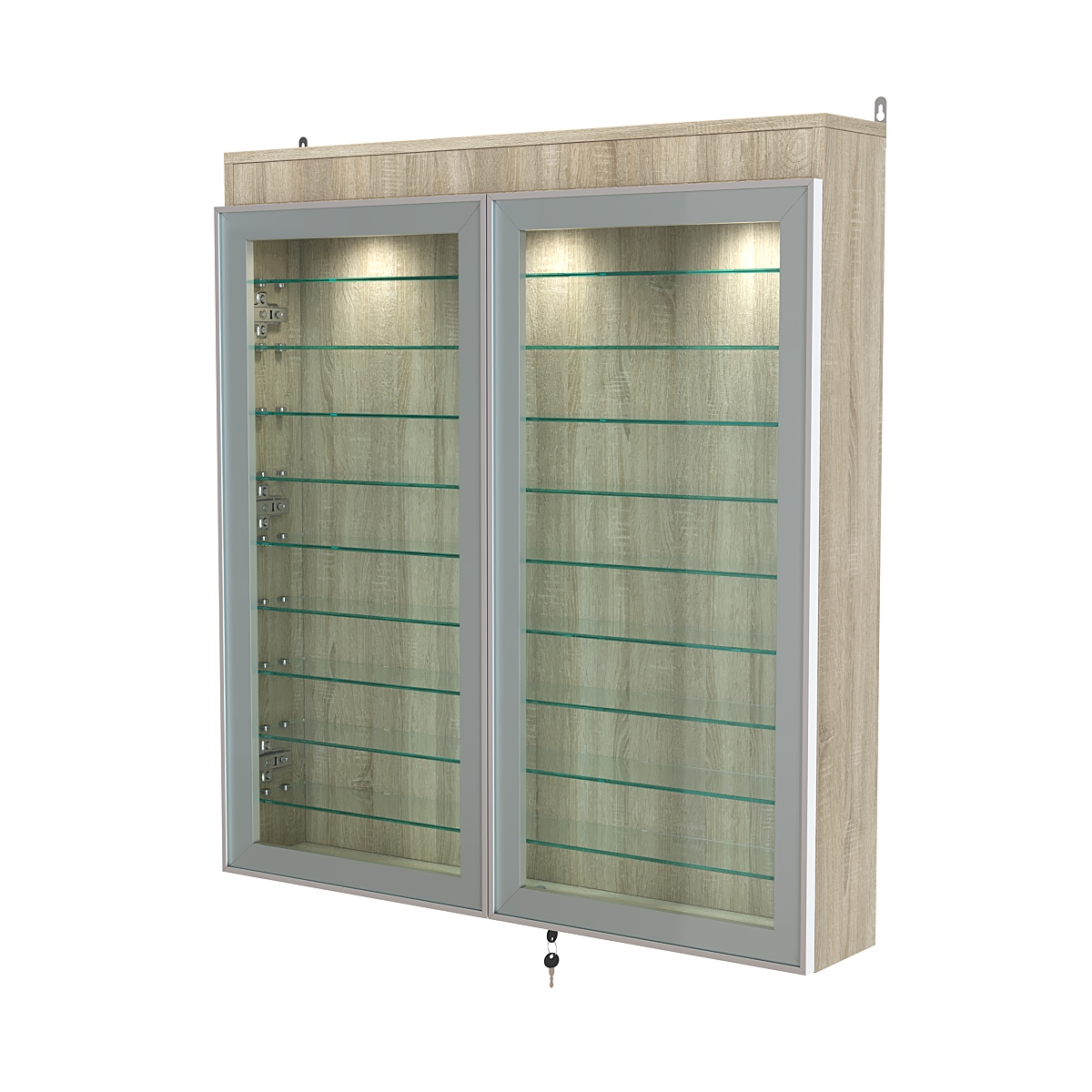 Витрина настенная №4-7А с фризом и девятью стеклянными полками серии Collecto Дуб Сонома