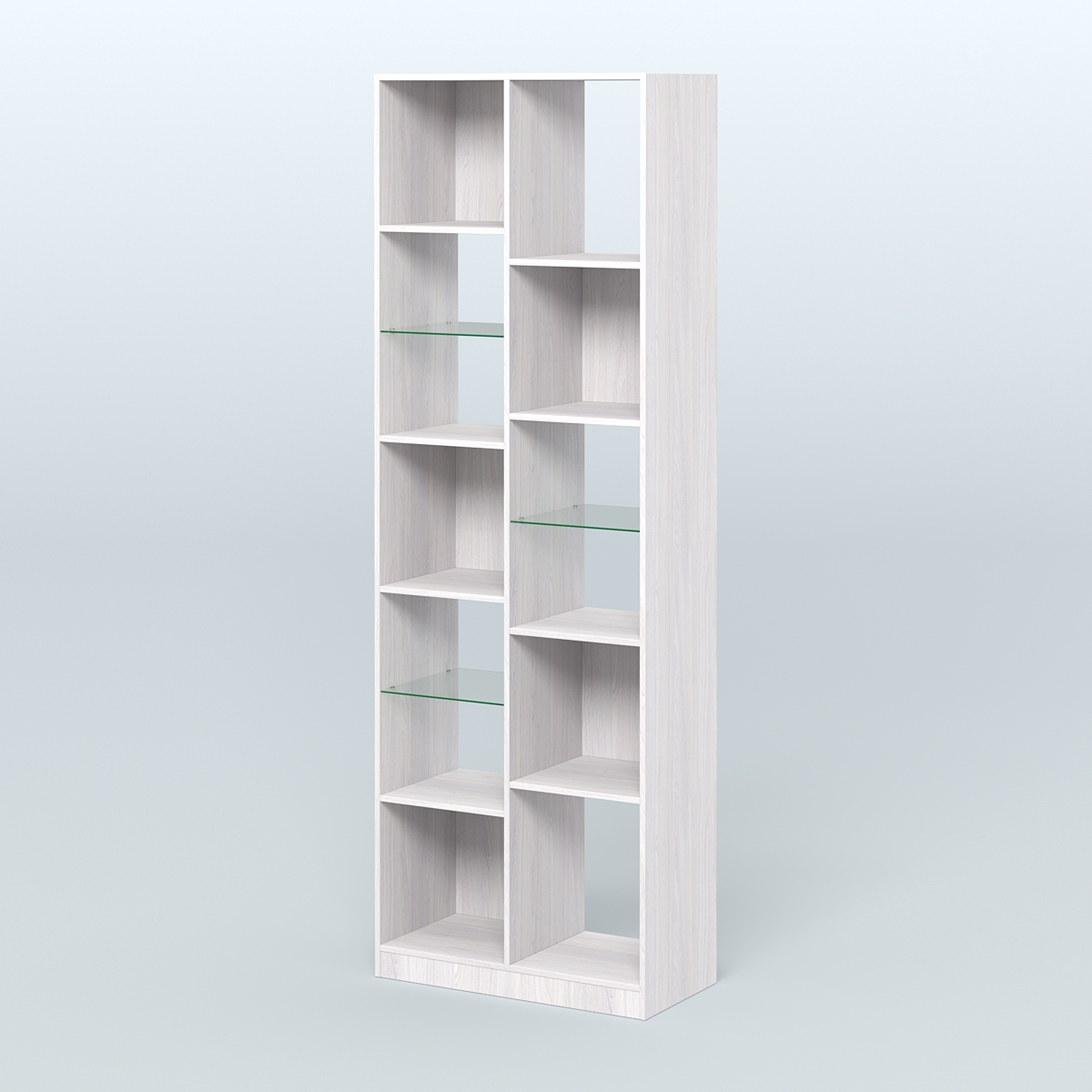 Стеллаж из ДСП серии ЛОФТ №8-3 с полками стекло 5 мм Ясень Анкор светлый