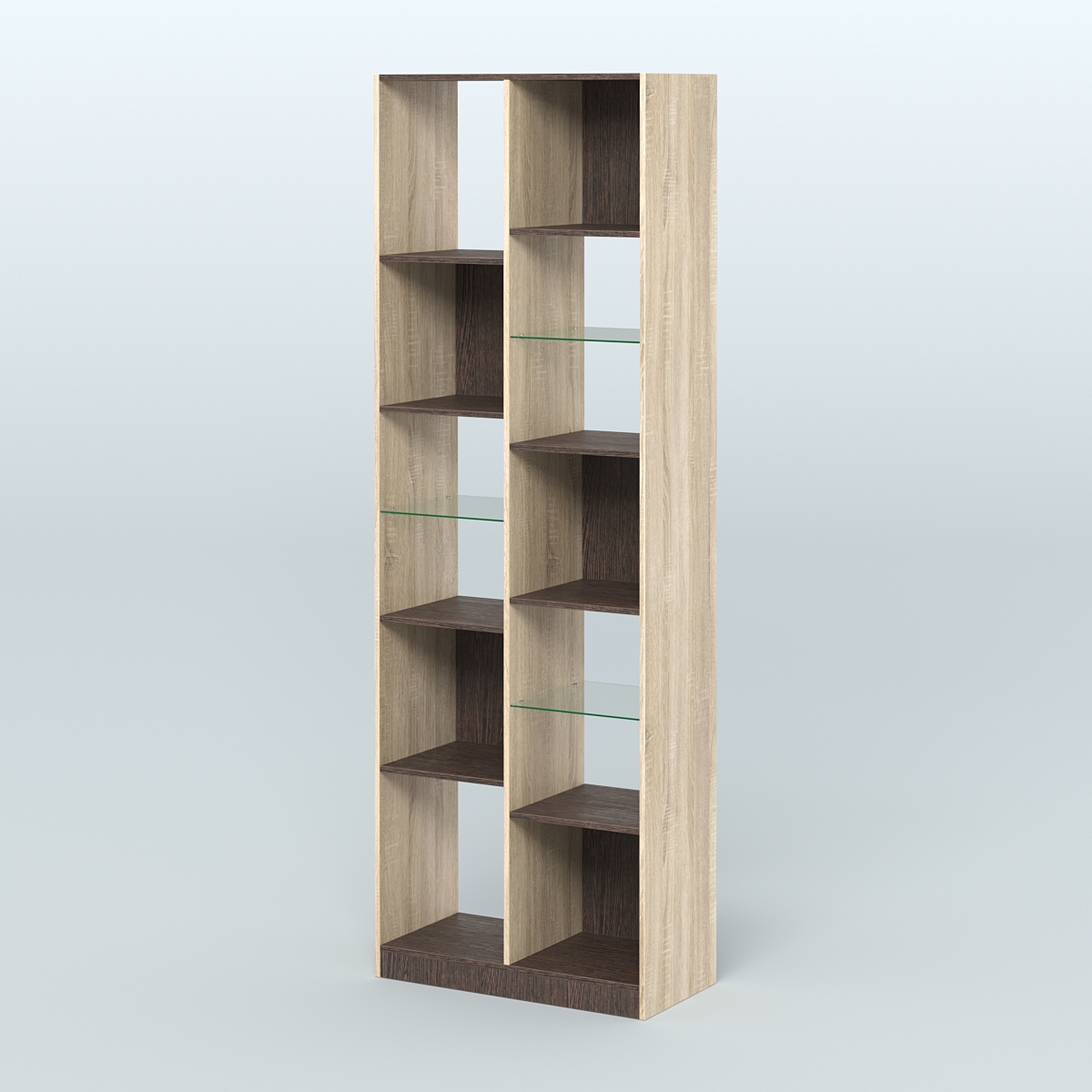 Стеллаж из ДСП серии ЛОФТ №8-3 (зеркальное отражение - Z) с полками стекло 5 мм  Дуб Сонома + Дуб Венге