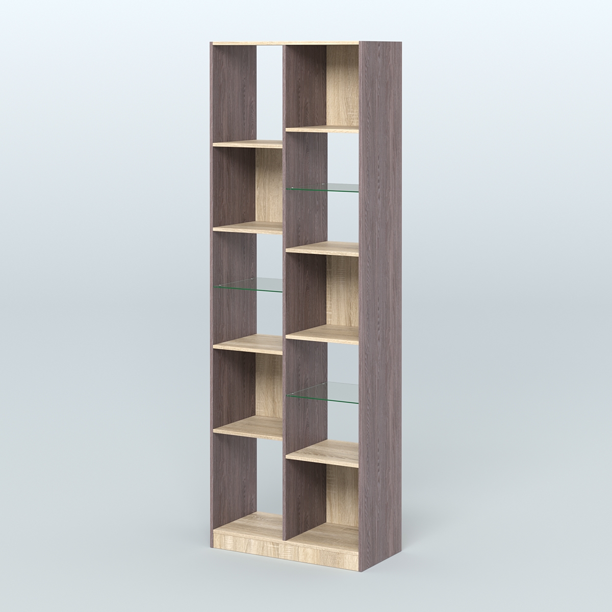 Стеллаж из ДСП серии ЛОФТ №8-3 (зеркальное отражение - Z) с полками стекло 5 мм  Ясень Анкор темный и Дуб Сонома