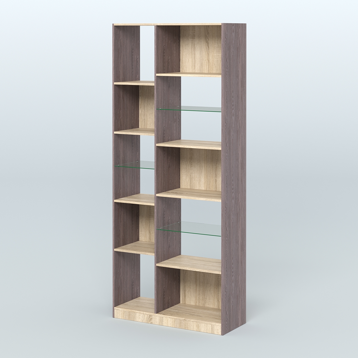 Стеллаж из ДСП серии ЛОФТ №9-3 (зеркальное отражение - Z) с полками стекло 5 мм Ясень Анкор темный и Дуб Сонома