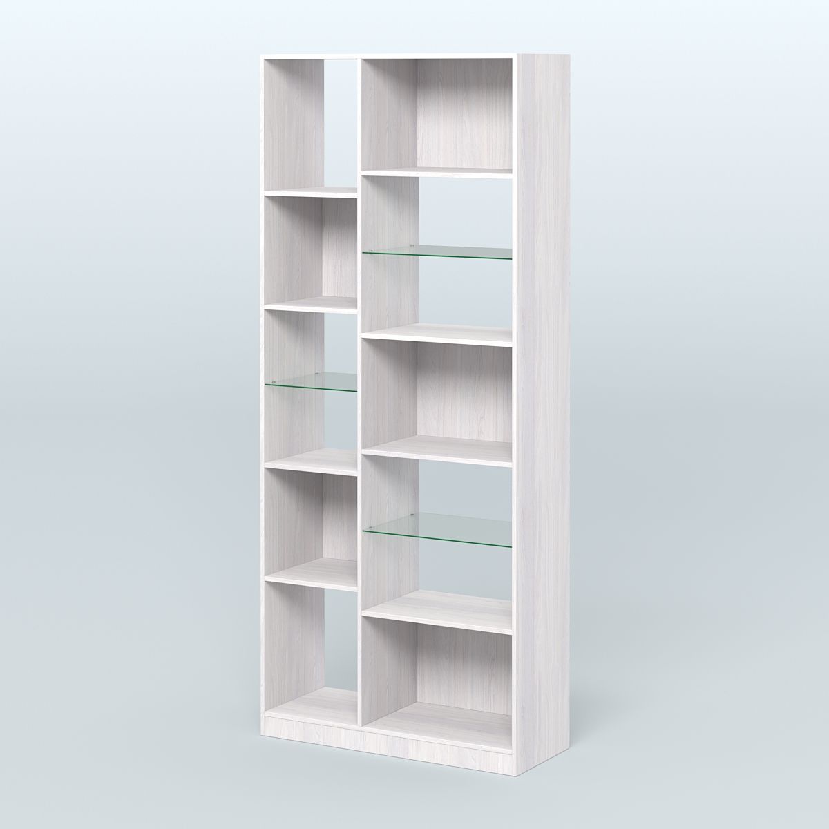 Стеллаж из ДСП серии ЛОФТ №9-3 (зеркальное отражение - Z) с полками стекло 5 мм Ясень Анкор светлый