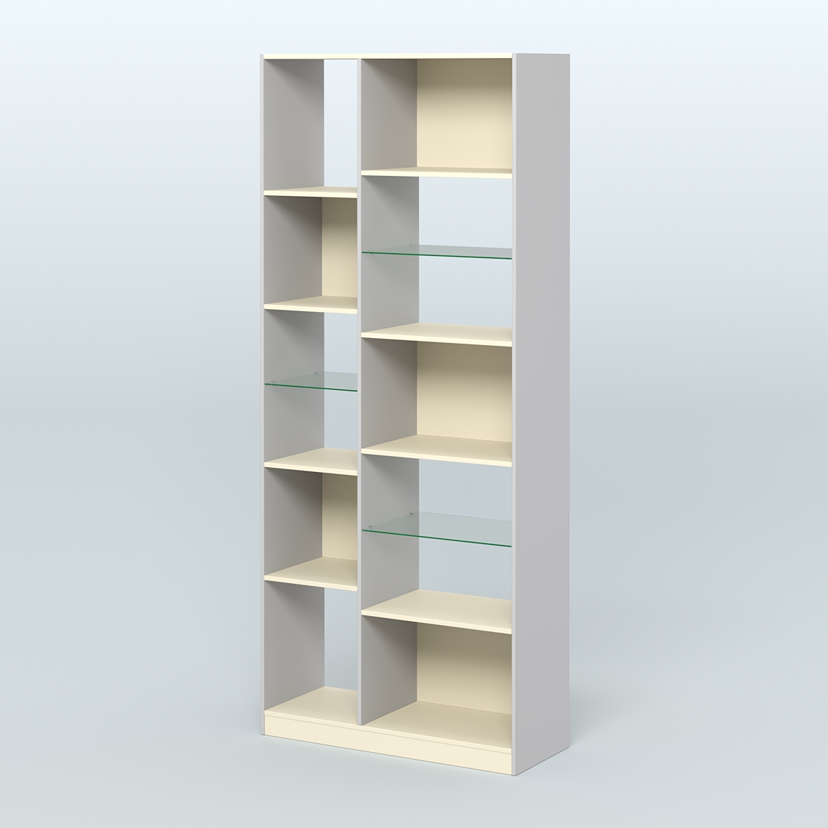 Стеллаж из ДСП серии ЛОФТ №9-3 (зеркальное отражение - Z) с полками стекло 5 мм Серый + Крем Вайс