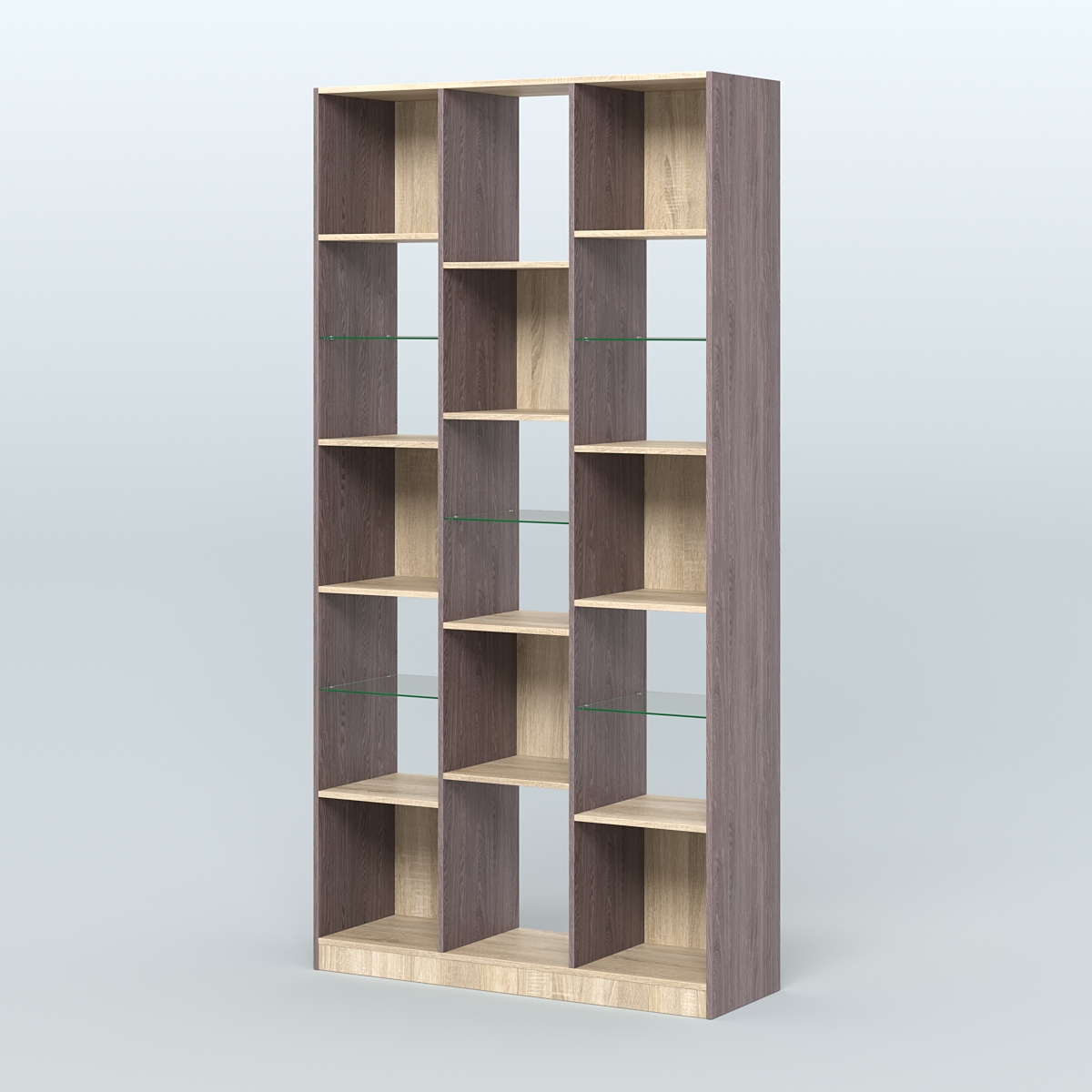 Стеллаж из ДСП серии ЛОФТ №10-3 с полками стекло 5 мм Ясень Анкор темный и Дуб Сонома