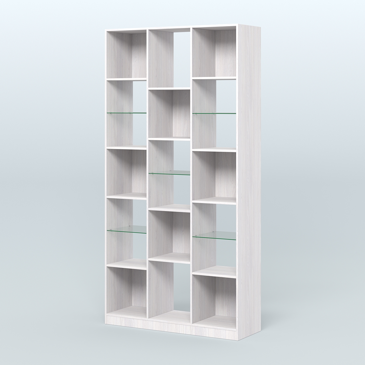 Стеллаж из ДСП серии ЛОФТ №10-3 с полками стекло 5 мм Ясень Анкор светлый