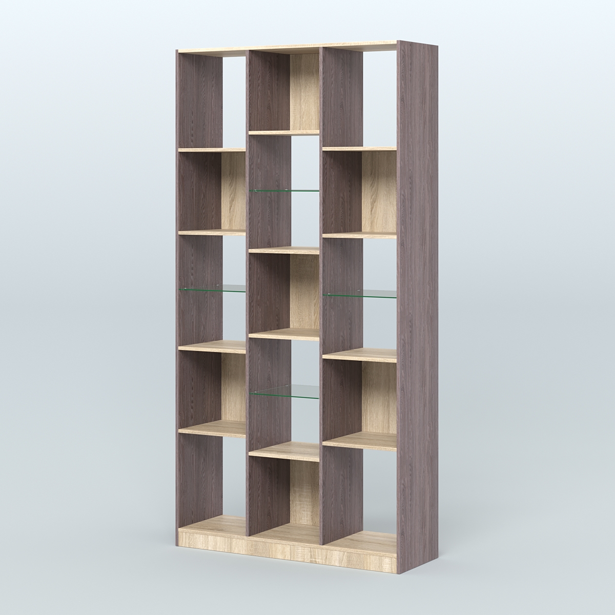 Стеллаж из ДСП серии ЛОФТ №10-3 (зеркальное отражение - Z) с полками стекло 5 мм Ясень Анкор темный и Дуб Сонома