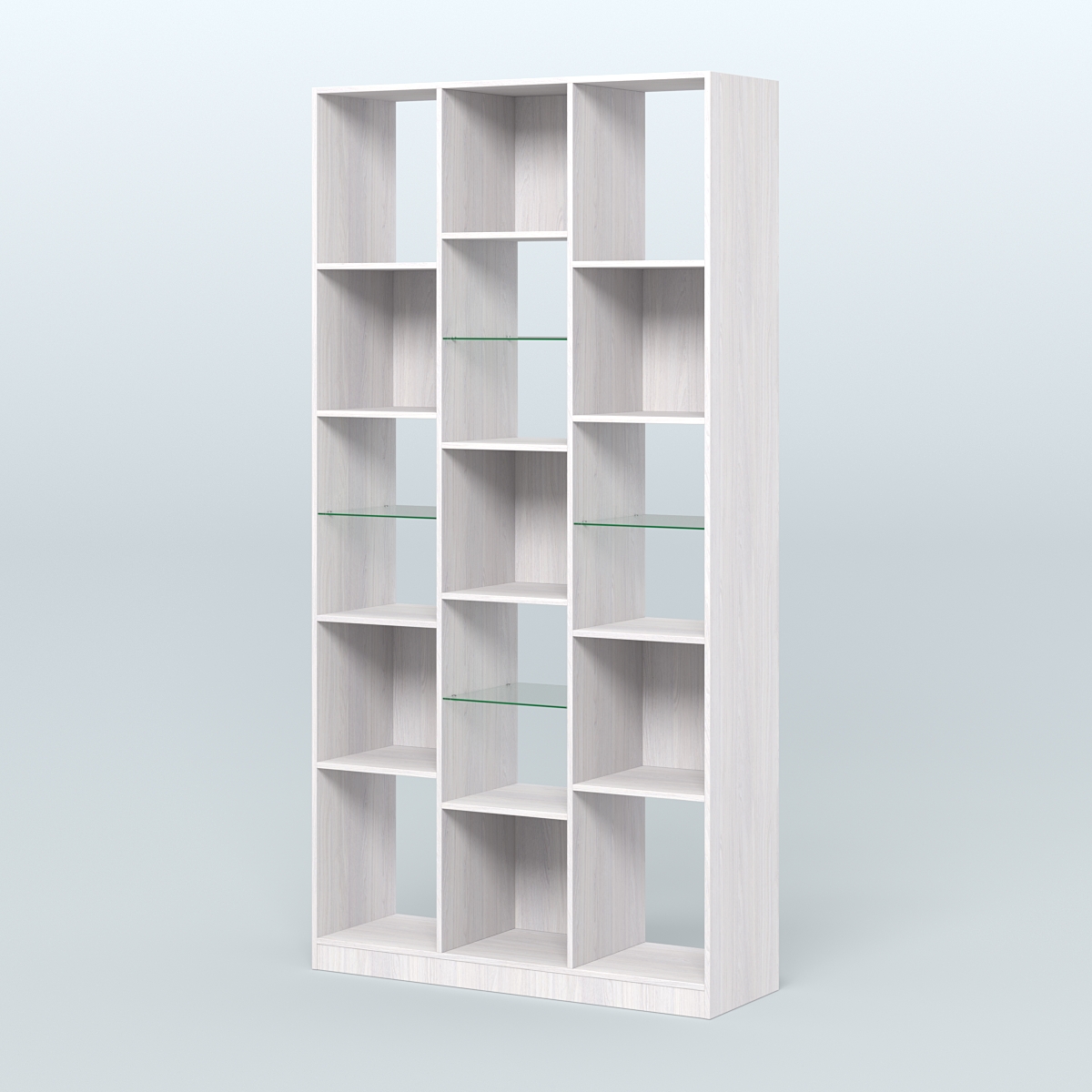 Стеллаж из ДСП серии ЛОФТ №10-3 (зеркальное отражение - Z) с полками стекло 5 мм Ясень Анкор светлый