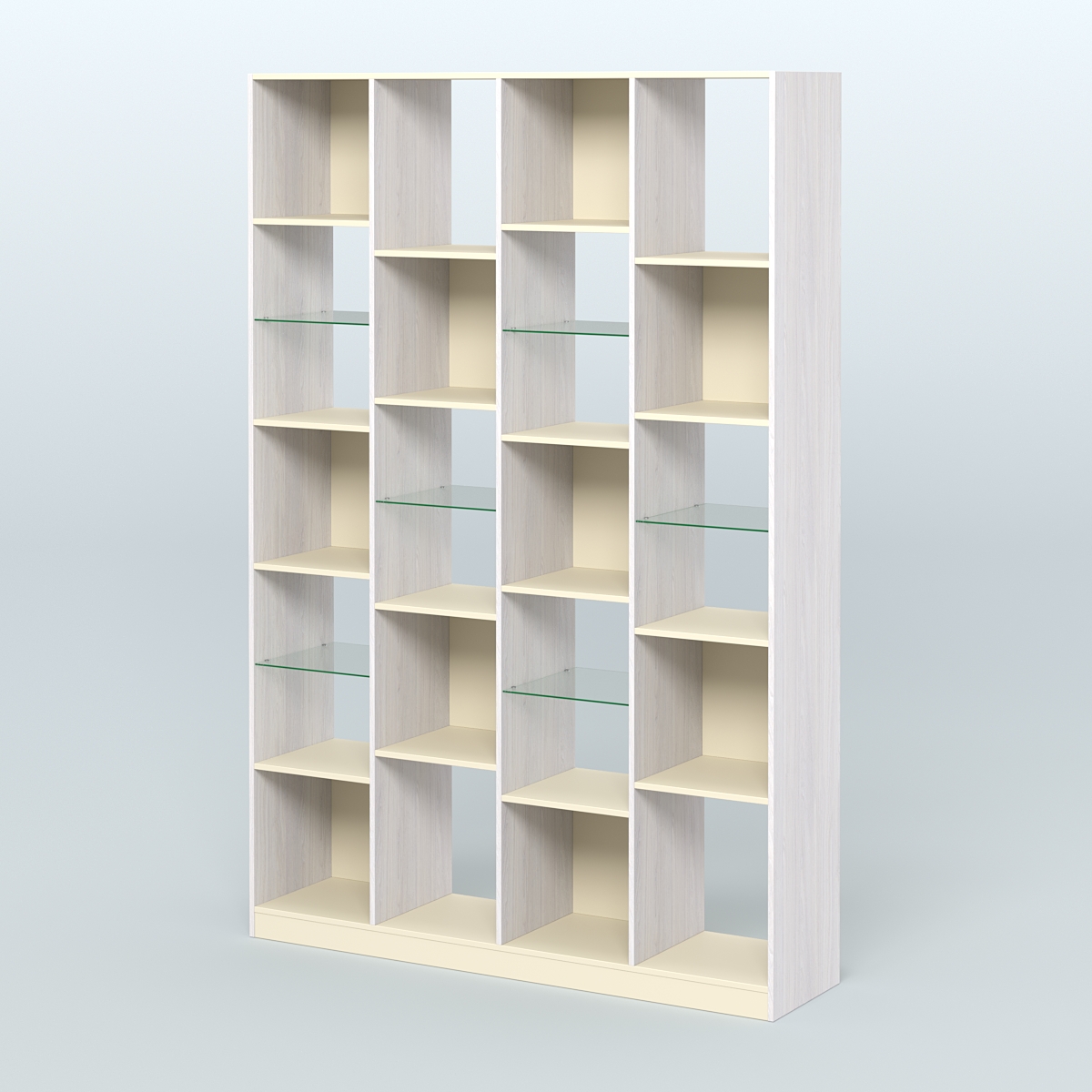 Стеллаж из ДСП серии ЛОФТ №11-3 с полками стекло 5 мм Ясень Анкор светлый и Крем Вайс