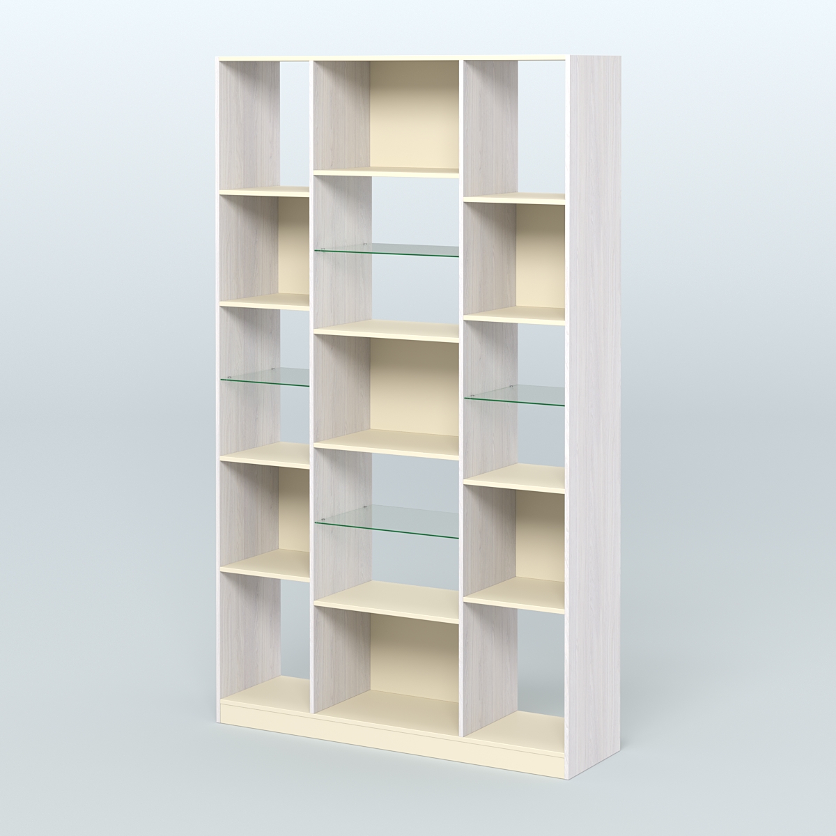 Стеллаж из ДСП серии ЛОФТ №12-3 с полками стекло 5 мм Ясень Анкор светлый и Крем Вайс