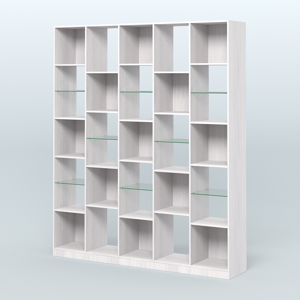 Стеллаж из ДСП серии ЛОФТ №13-3 с полками стекло 5 мм Ясень Анкор светлый