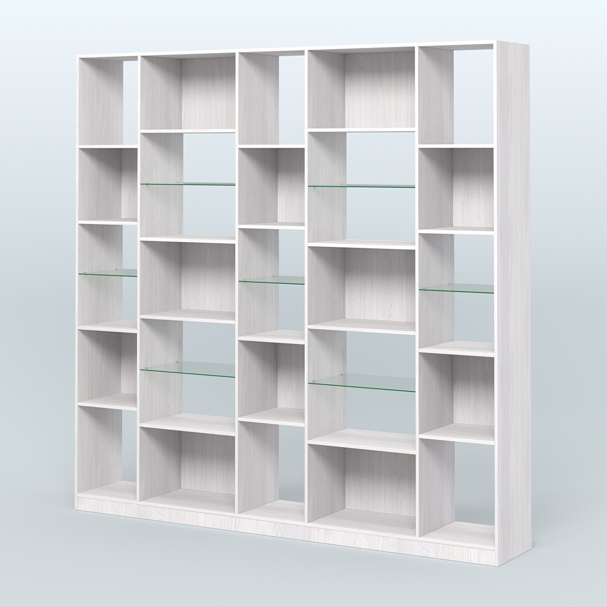 Стеллаж из ДСП серии ЛОФТ №17-3 с полками стекло 5 мм Ясень Анкор светлый