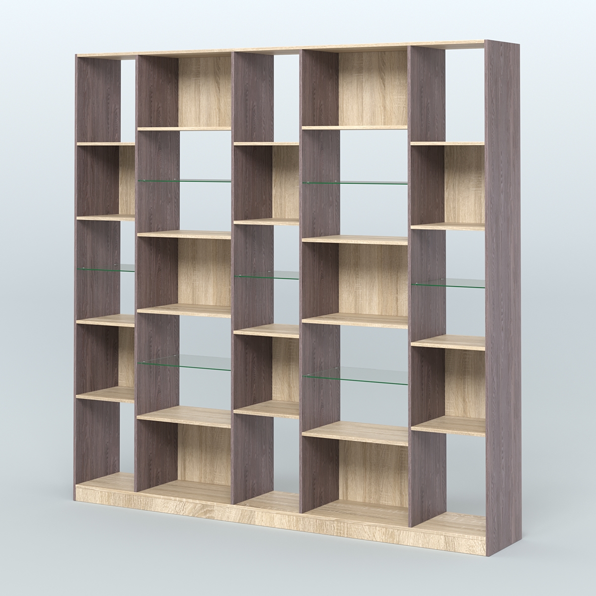 Стеллаж из ДСП серии ЛОФТ №17-3 с полками стекло 5 мм Ясень Анкор темный и Дуб Сонома