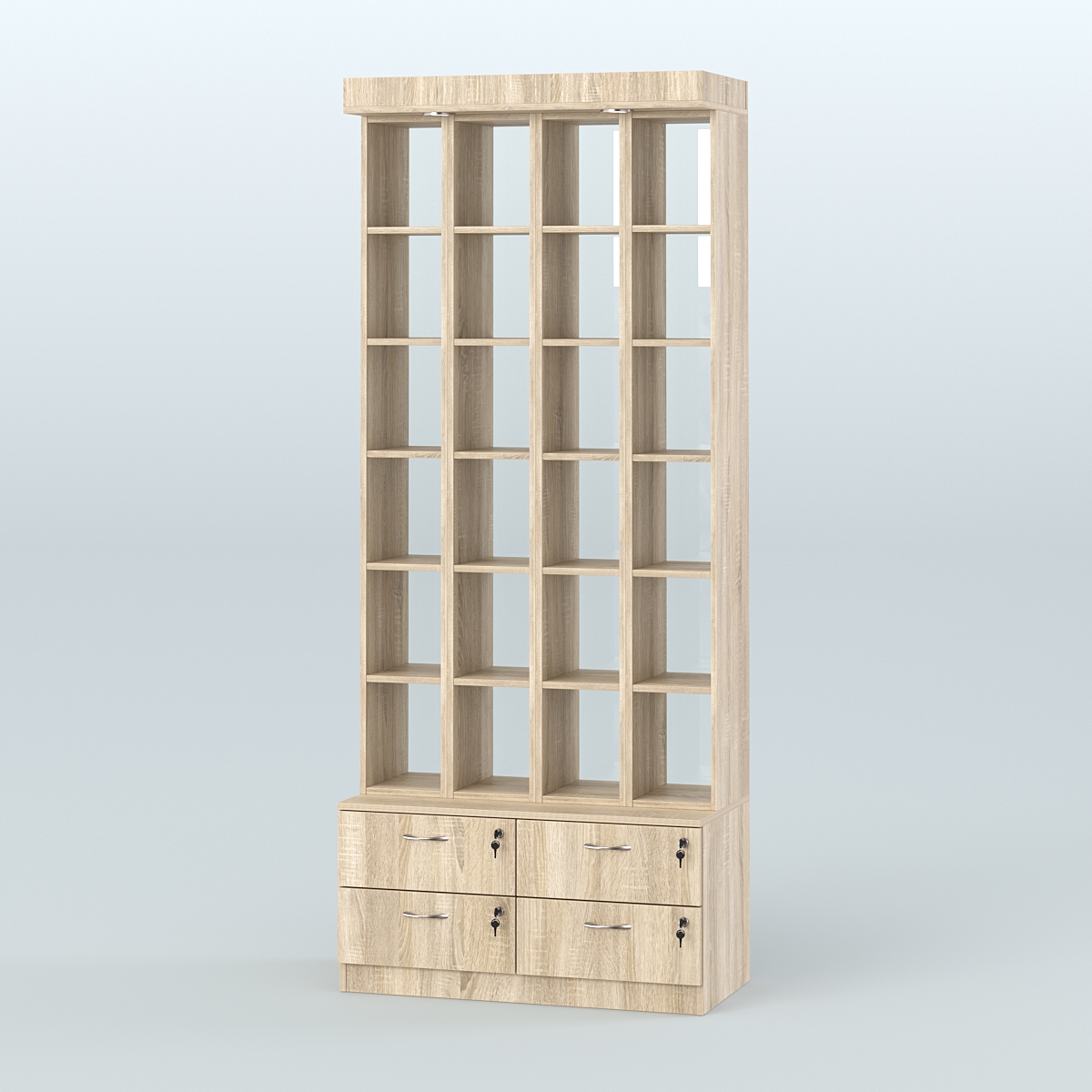 Витрина с четырьмя выдвижными ящиками для чая и кофе №2-2 (Т19) задняя стенка Стекло Дуб сонома