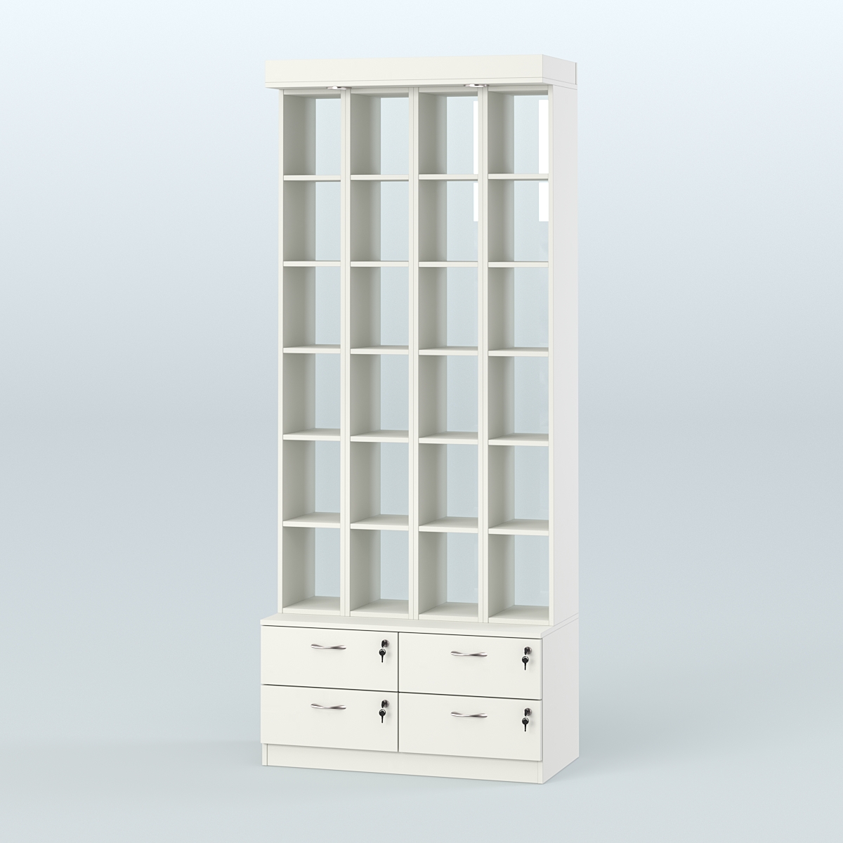 Витрина с четырьмя выдвижными ящиками для чая и кофе №2-2 (Т19) задняя стенка Стекло Белый