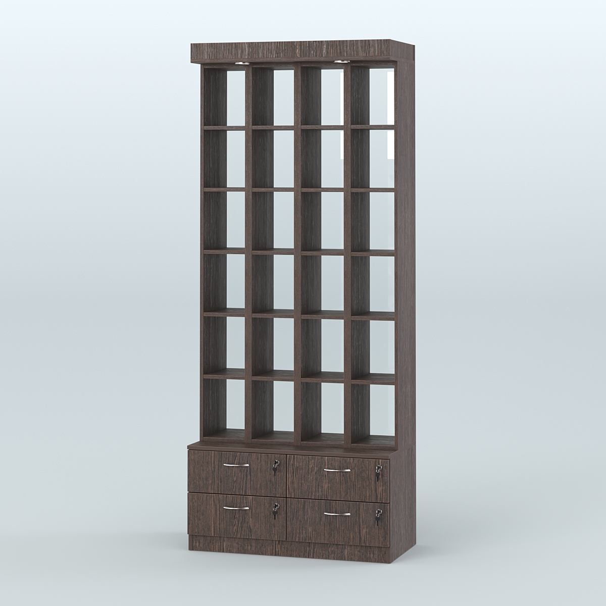 Витрина с четырьмя выдвижными ящиками для чая и кофе №2-2 (Т19) задняя стенка Стекло Дуб Венге