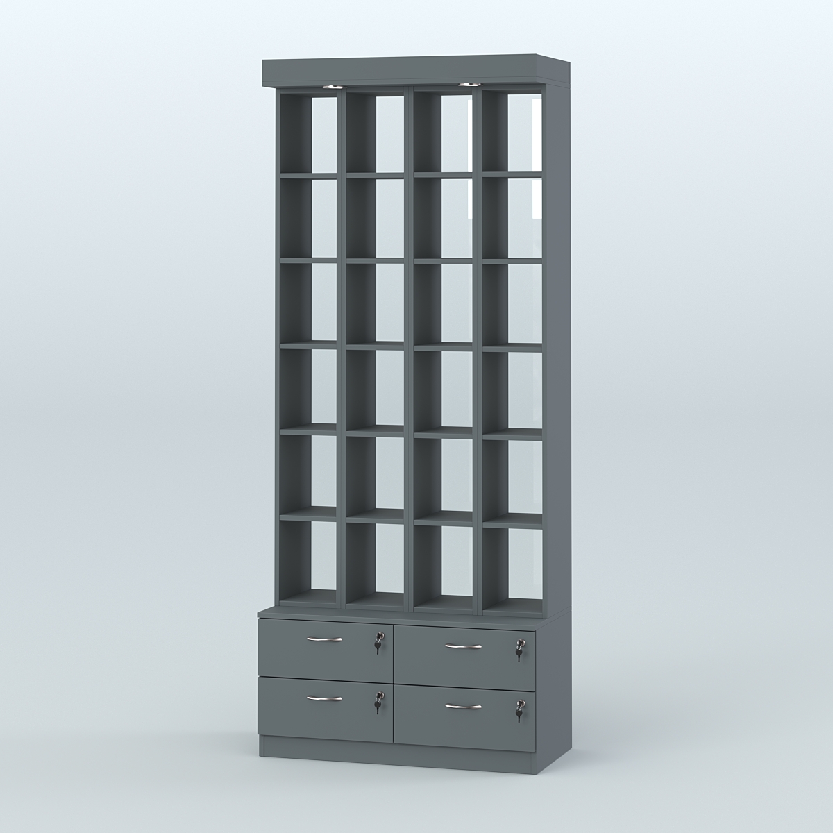 Витрина с четырьмя выдвижными ящиками для чая и кофе №2-2 (Т19) задняя стенка Стекло Темно-Серый