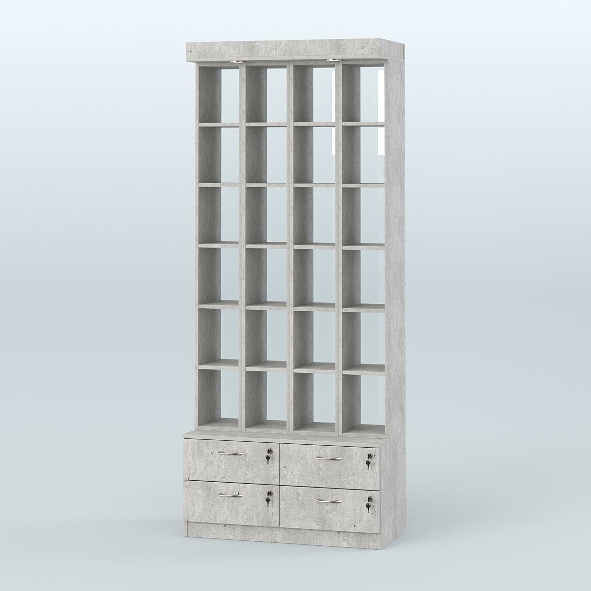 Витрина с четырьмя выдвижными ящиками для чая и кофе №2-2 (Т19) задняя стенка Стекло Метрополитан Грей