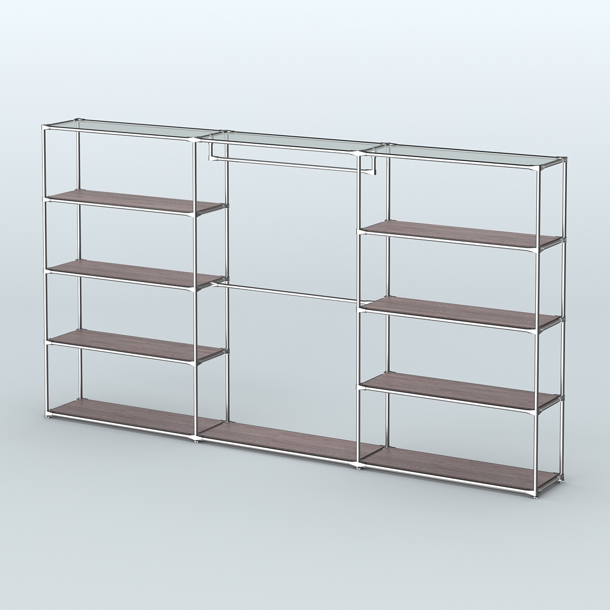 Торговая система ХРОМ без ДСП 3600 мм с полками ДСП и поручнями №1 Ясень Анкор темный