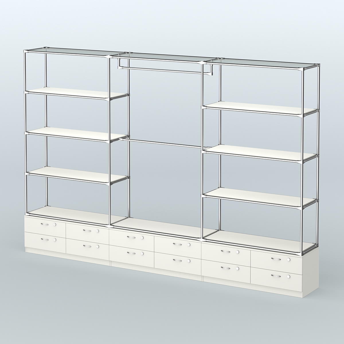 Торговая система ХРОМ без ДСП 3600 мм с тумбами Т14, полками ДСП и поручнями №1 Белый