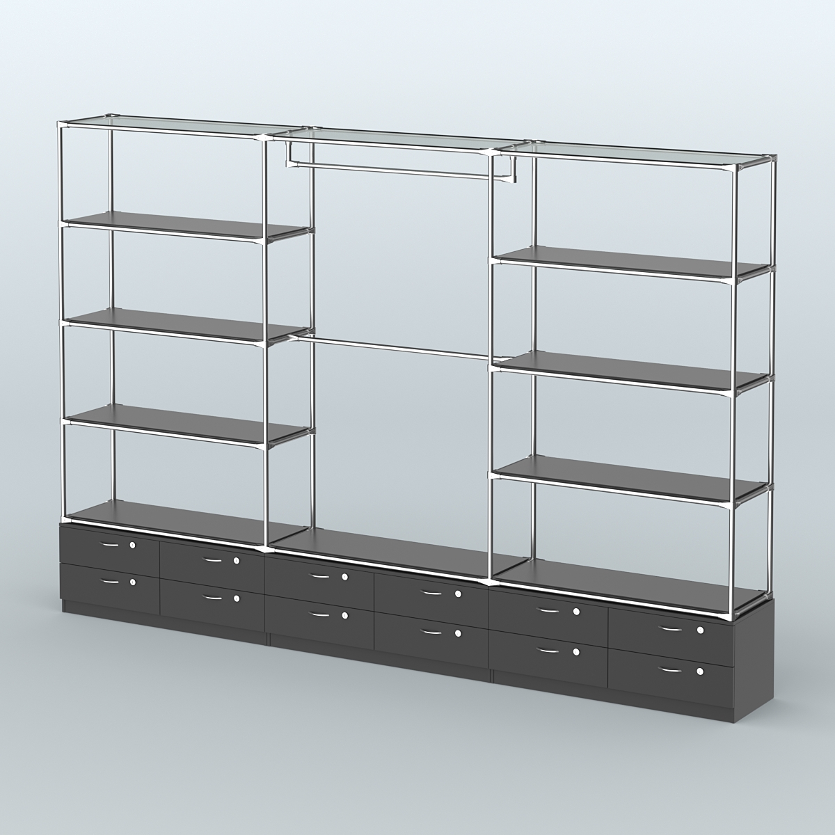 Торговая система ХРОМ без ДСП 3600 мм с тумбами Т14, полками ДСП и поручнями №1 Черный