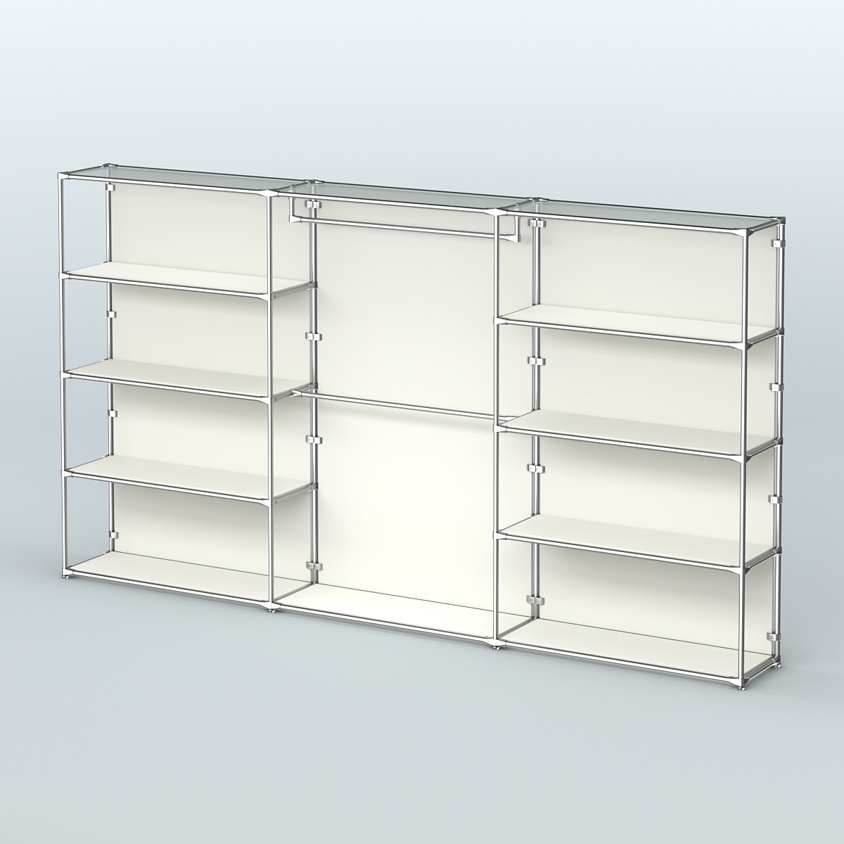 Торговая система ХРОМ (задняя стенка - ДСП) 3600 мм с полками ДСП и поручнями №1 Белый