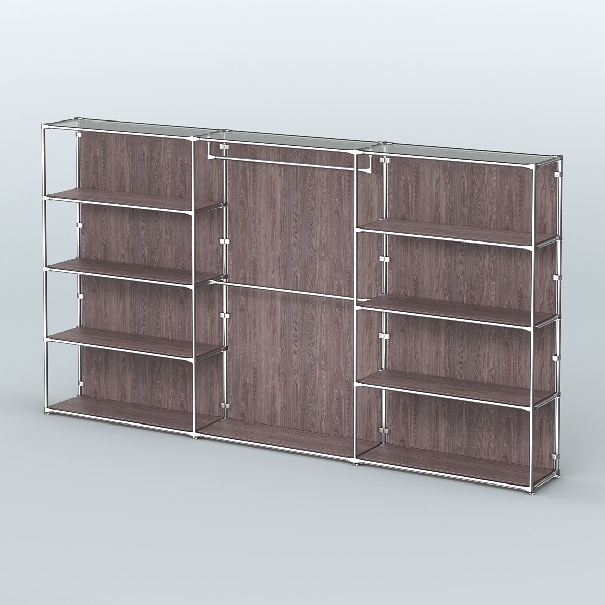 Торговая система ХРОМ (задняя стенка - ДСП) 3600 мм с полками ДСП и поручнями №1 Ясень Анкор темный