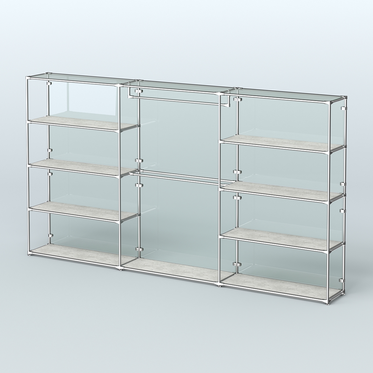 Торговая система ХРОМ (задняя стенка - стекло) 3600 мм с полками ДСП и поручнями №1 Метрополитан Грей