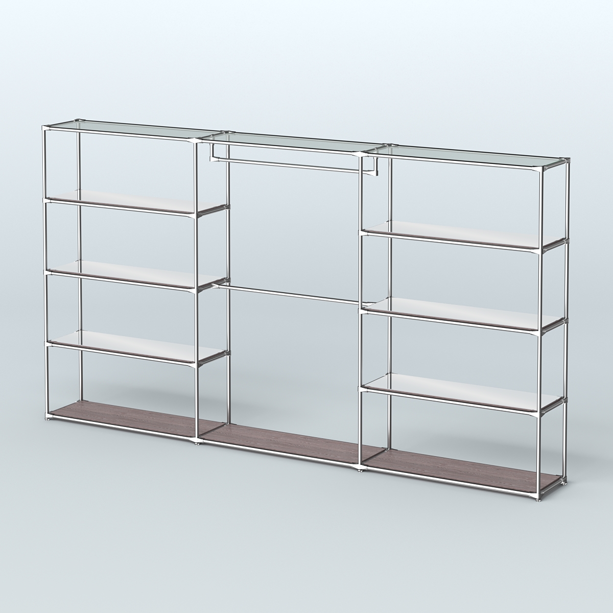 Торговая система ХРОМ без ДСП 3600 мм с зеркальными полками и поручнями №1 Ясень Анкор темный