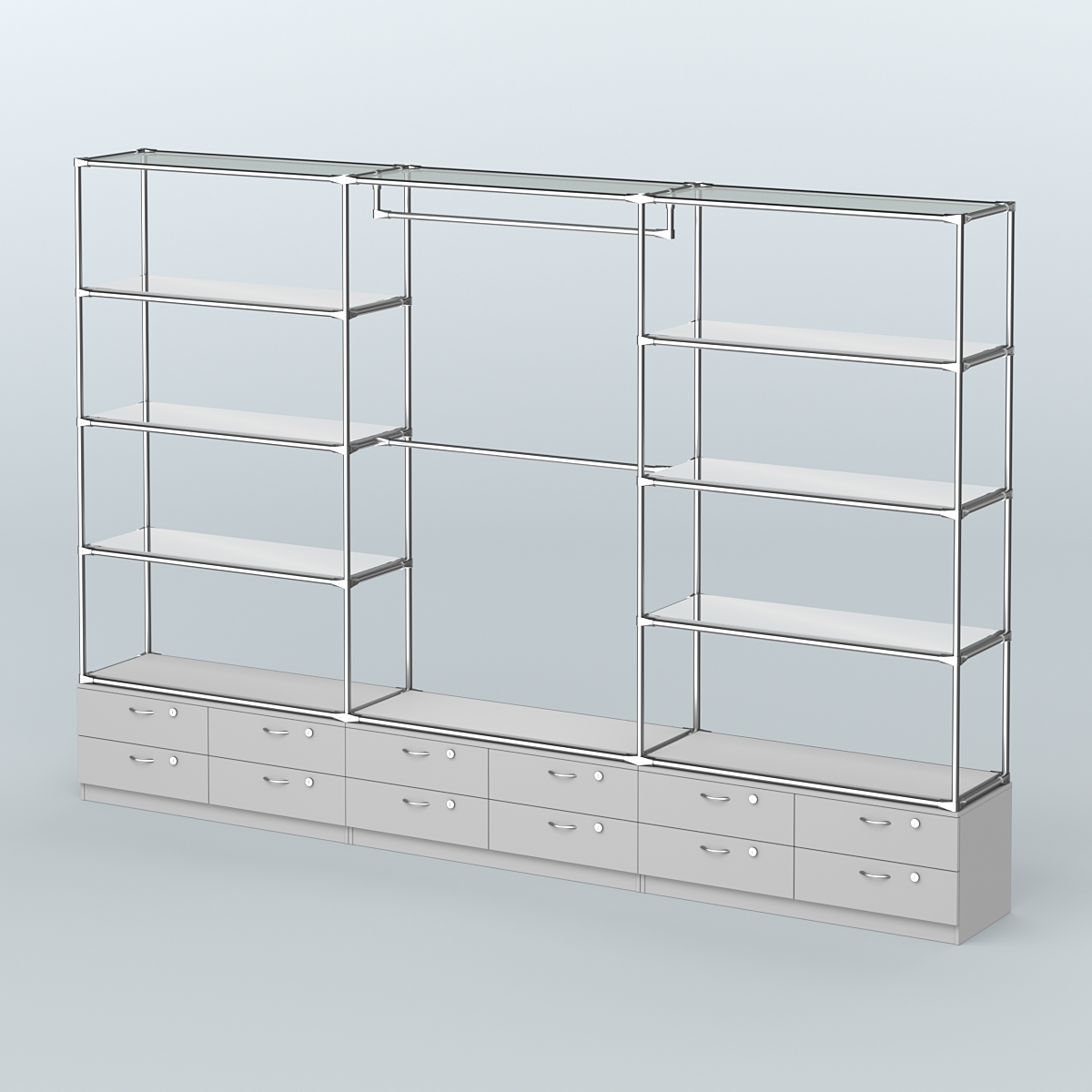 Торговая система ХРОМ без ДСП 3600 мм с тумбами Т14, зеркальными полками и поручнями №1 Серый