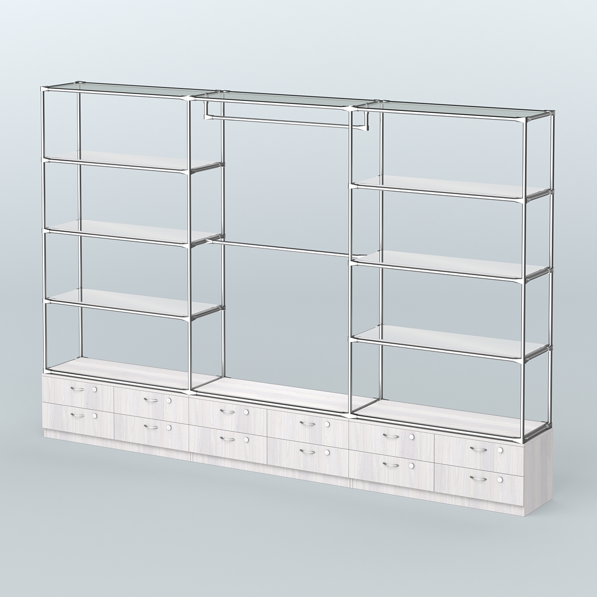 Торговая система ХРОМ без ДСП 3600 мм с тумбами Т14, зеркальными полками и поручнями №1 Ясень Анкор светлый